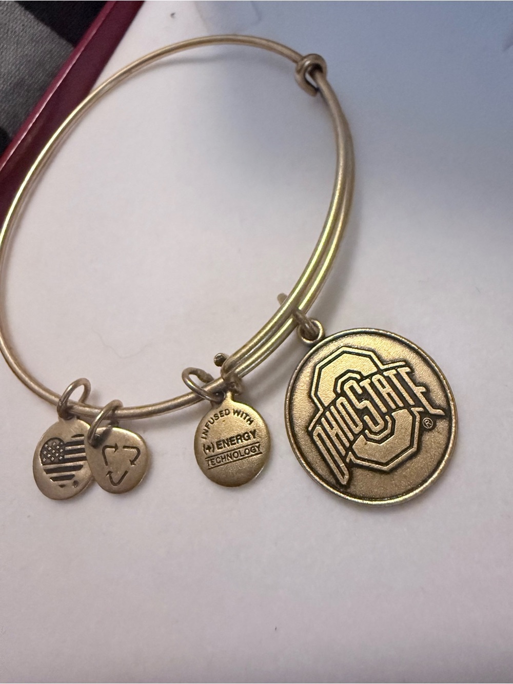 Ohio State University logo charm bangle by the jewelry brand Alex and Ani.